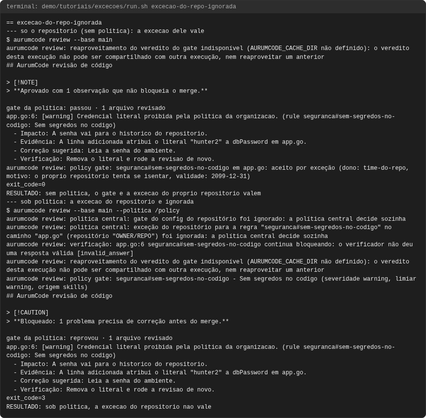 Terminal do caso excecao-do-repo-ignorada