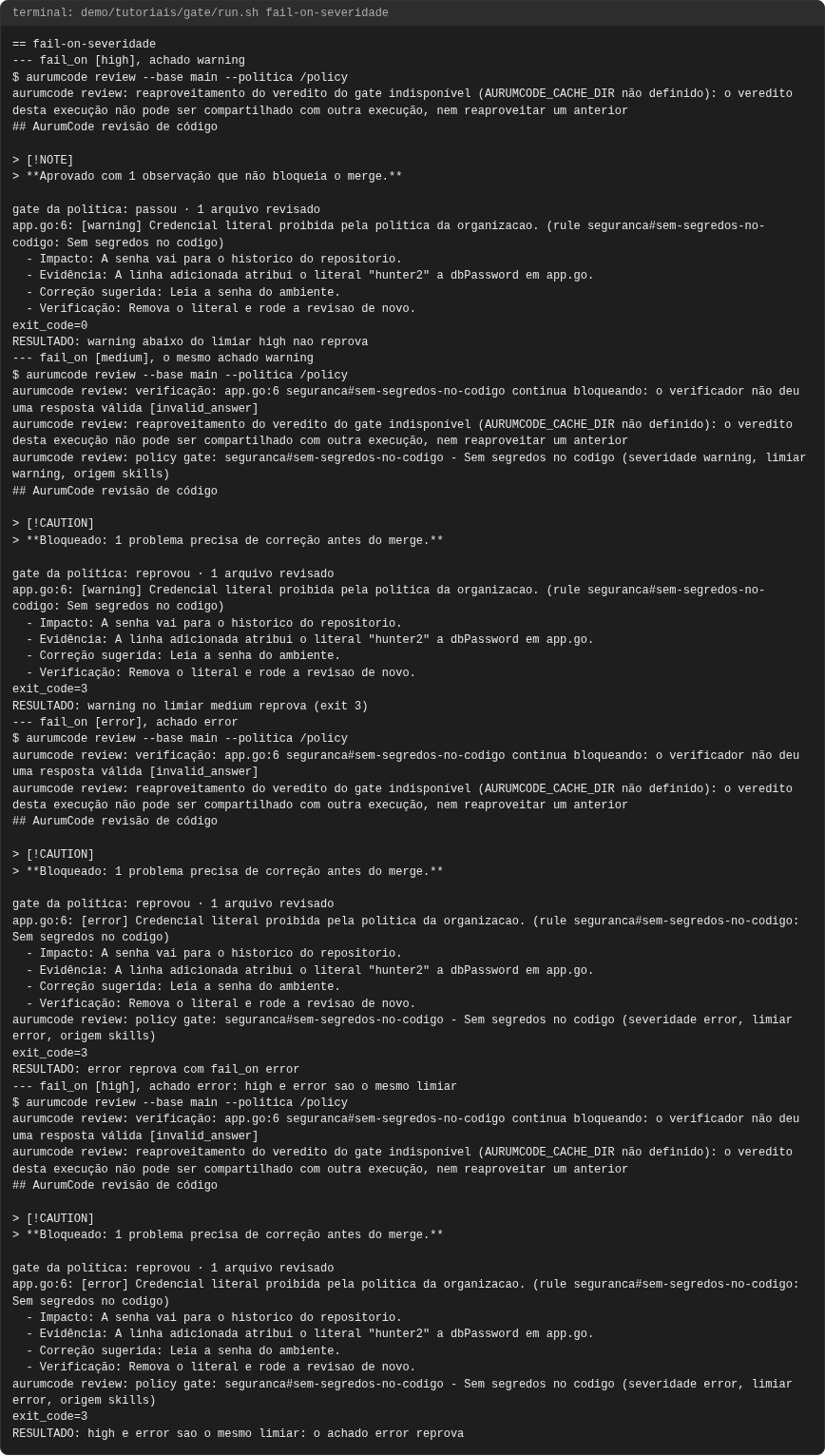 Terminal do caso fail-on-severidade